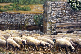 Tableau de Peinture en Relief les Brebis de La Couvertoirade - Virginie Trabaud Artiste Peintre Animalier