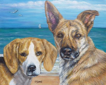 Tableau de Peinture portraits de chiens d'apr�s photos - Fidji et Floppy