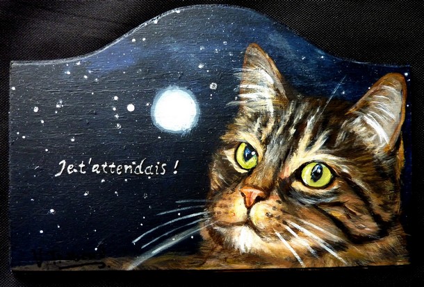 Plaque de porte chat tigr de nuit - Peinture acrylique sur bois - Virginie TRABAUD Artiste Peintre