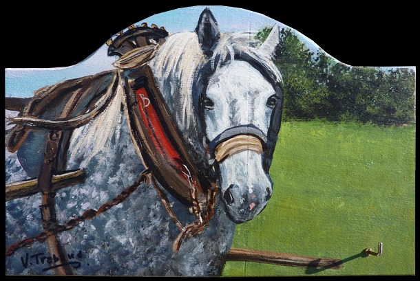 peinture acrylique sur bois - cheval de trait blanc tachet de gris - virginie trabaud