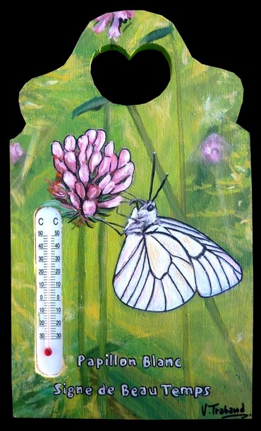 Peinture sur bois - Thermomètre papillon blanc - Virginie TRABAUD Artiste Peintre