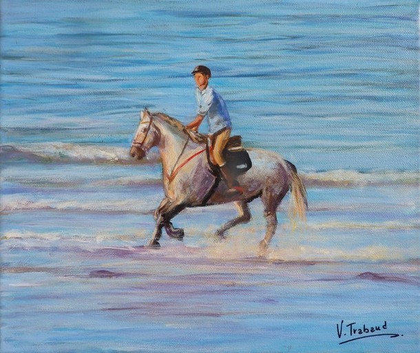 Peinture Cavalier à cheval sur la plage - acrylique - Virginie TRABAUD Artiste Peintre