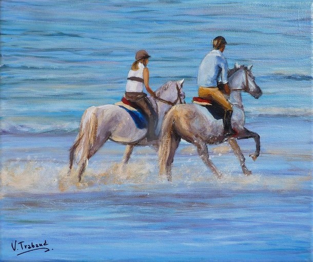 Peinture cavaliers et chevaux sur la plage - acrylique - Virginie TRABAUD