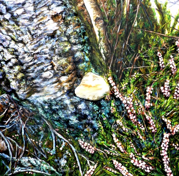Peinture Arbre Champignons et Bruyères Forêt de Fontainebleau - acrylique et sculpture au mortier en relief 3D - virginie Trabaud
