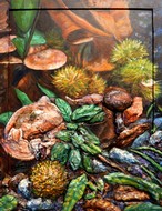 Champignons et Chataignes - Tableau de peinture en relief 3D - Virginie Trabaud Artiste Peintre