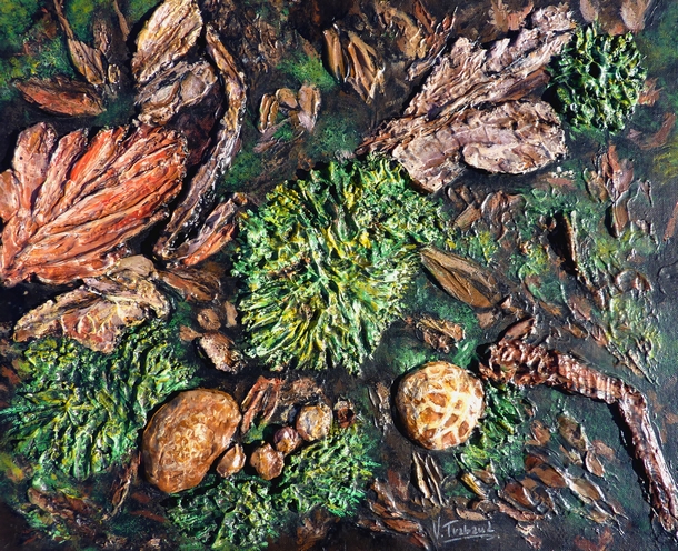 peinture champignons mousse et foret - acrylique et relief - Virginie TRABAUD