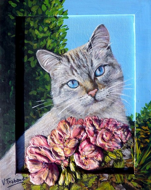 peinture chat et fleurs géranium - acrylque et relief - Virginie TRABAUD Artiste peintre