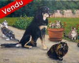 peinture un chien et 4 chats dans un jardin - Acrylique d'après photos - Cliquez sur l'image pour voir la fiche détaillée