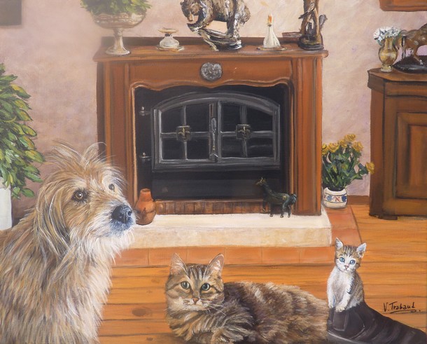 peinture chats et chiens dans la cheminée - acrylique - virginie trabaud Artiste peintre