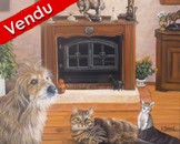 Peinture Portraits de Chien et chat devant la cheminée - Virginie Trabaud Artiste Peintre Animalier