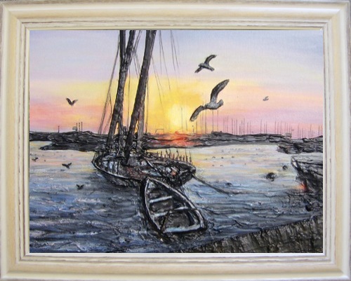 tableau de peinture acrylique coucher de soleil sur le port bateaux et mouettes peinture coucher de soleil bateaux mouettes
