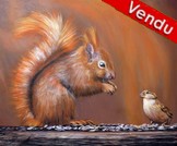 Peinture Ecureuil et Moineau - Artiste peintre animalier Virginie Trabaud