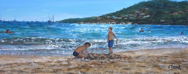 Peinture enfants jouant sur la plage de Corse Golfe de Sagone - acrylique et sculpture au mortier en relief 3D - virginie Trabaud