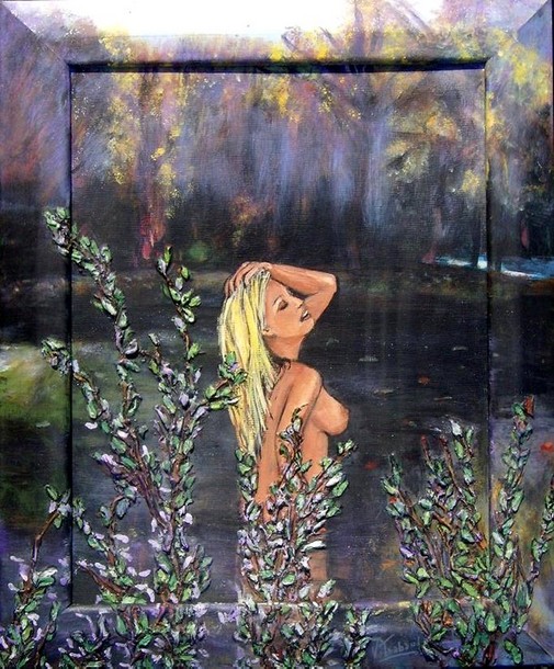 Peinture femme nue dans la rivière - acrylique et relief - virginie trabaud