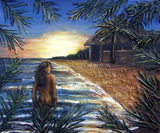 Peinture Plage Femme Nue Paillote Toile Acrylique En Relief Artiste
