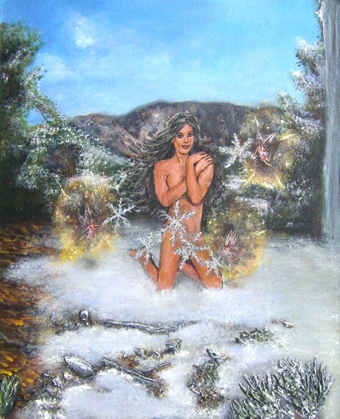 peinture femme nue en hiver - les elfes natures - virginie trabaud