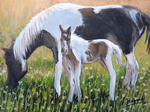 Jument et son poulain dans le pré - Peinture Acrylique - Virginie Trabaud Artiste Peintre