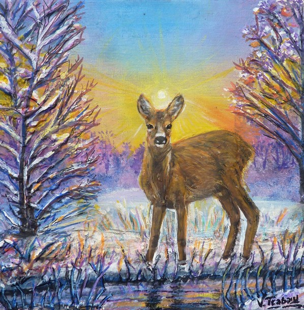 Peinture la Biche en hiver - Acrylique et relief au mortier - virginie trabaud