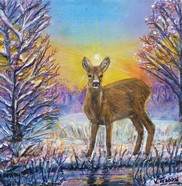Peinture Biche forêt d hiver - Artiste peintre animalier Virginie Trabaud