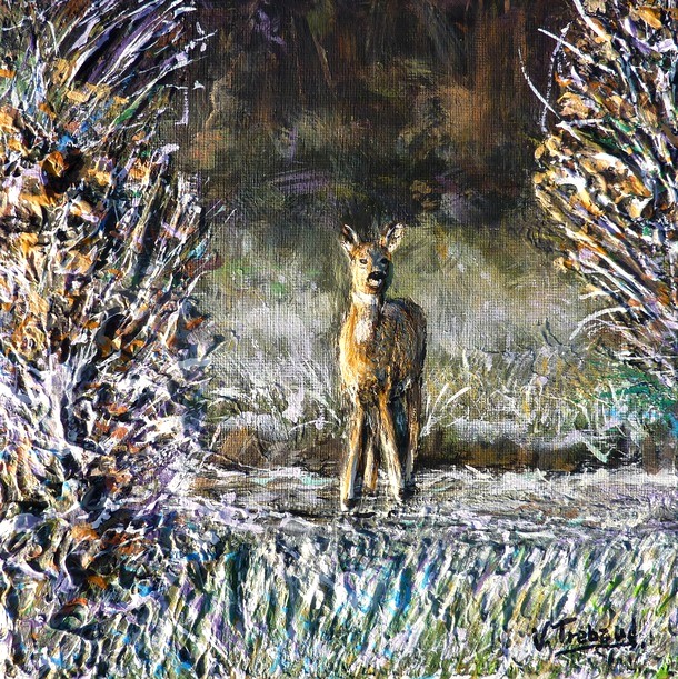 Peinture biche sous la neige - Acrylique en relief - Virginie Trabaud