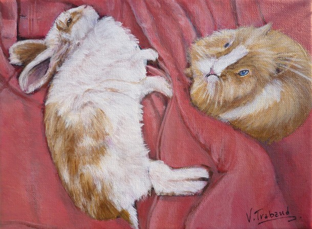 Peinture Lapin bélier et lapin roux angora couchés d'après photo - acrylique - Virginie TRABAUD