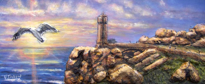 peinture phare de bretagne ploumanach lever de soleil - Virginie trabaud artiste peintre