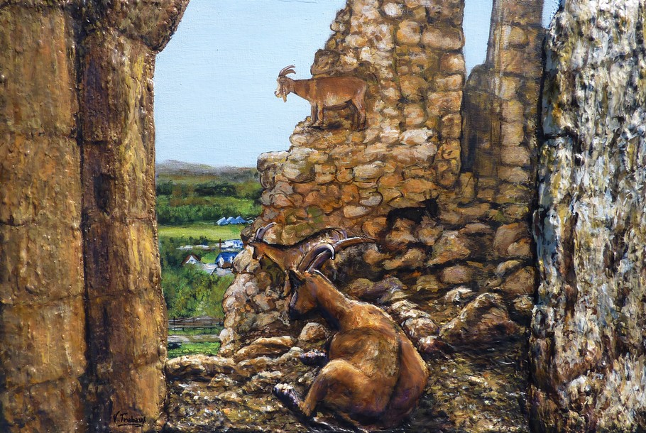 Peinture Les Chvres de coucy Ruines du Chteau - acrylique et sculpture au mortier en relief 3D - virginie Trabaud