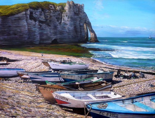 Peinture Barques sur la Plage de galets d'Etretat et Falaise - Acrylique et mortier en relief Virginie TRABAUD Artiste peintre