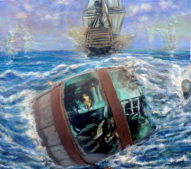 Peinture sur bois - Attaque de Pirates tonneau en bois et boulet de canon - Virginie Trabaud artiste peintre