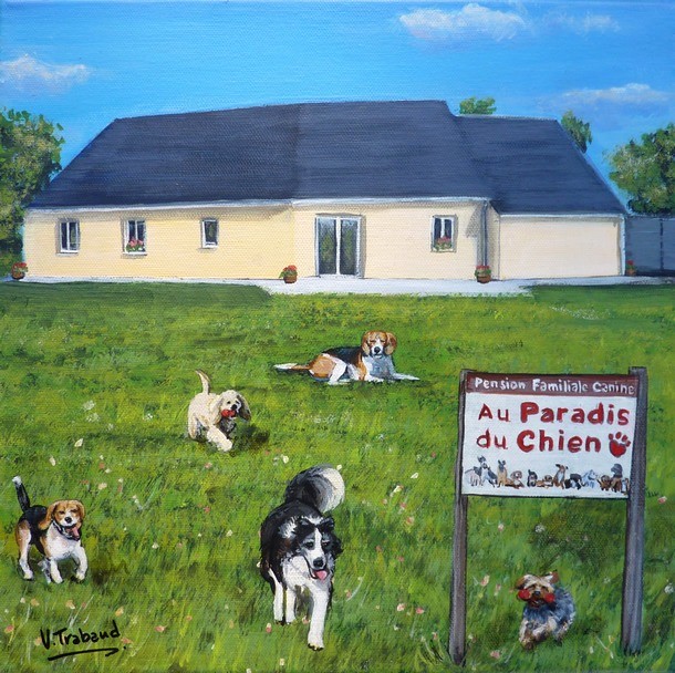 Peinture maison avec chien Pension Familiale Canine - Virginie Trabaud Artiste Peintre
