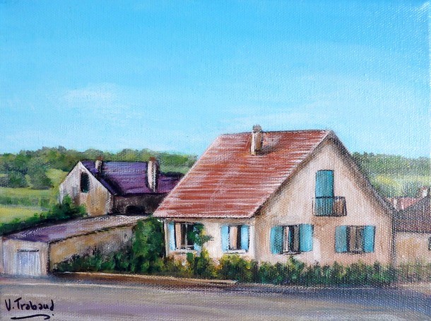 Peinture Maison de village pavillon dans une rue - Acrylique - Virginie TRABAUD