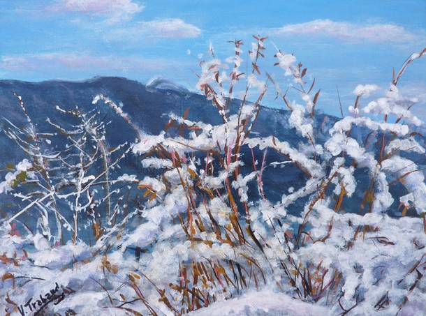 Peinture Montagne Corse en hiver Guagno - acrylique - Virginie TRABAUD Artiste Peintre