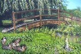 peinture petit pont de bois rivière et canards - Cliquez sur l image pour voir la fiche détaillée et le tarif de l oeuvre
