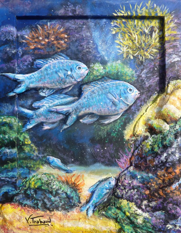 tableau de peinture acrylique poissons plongée sous marine acrylique en relief peinture poissons oursins anémone en 3D - virginie trabaud