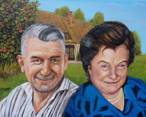 Peinture portrait d'un couple devant une chaumire - Acrylique - Virginie TRABAUD 2018