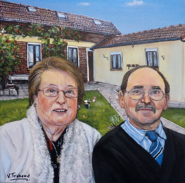 Peinture portraits couple devant leur maison - acrylique d'aprs photos - virginie trabaud