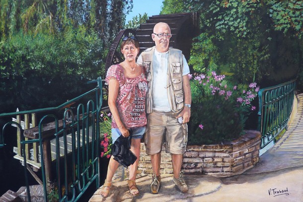 Peinture couple devant moulin à eau - acrylique - copyright Virginie TRABAUD Artiste Peintre