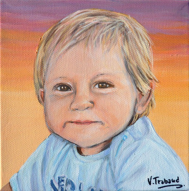 Peinture Portrait de petit garçon blond avec tee-shirt bleu - acrylique sur toile - Virginie Trabaud
