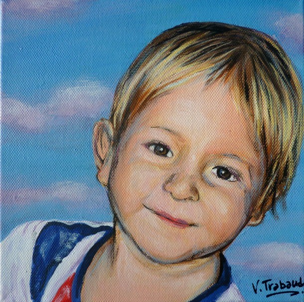 Portrait de petit garçon blond tête penchée d'après photo - acrylique sur toile - Virginie Trabaud Artiste Peintre Portraitiste