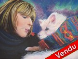 Peinture Portraits Femme et sa chienne blanche décor constellation - Virginie TRABAUD