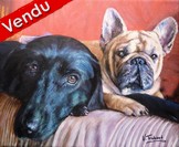Peinture Portrait de chiens labrador noir bulldog - Cliquez sur l'image pour voir la fiche et l'agrandissement