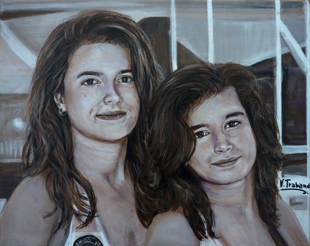 Peinture Portraits de jeunes filles noir et blanc sépia - acrylique - virginie trabaud