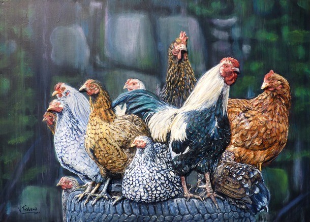 Peinture Coq et poules sur un pneu Un coq bien chanceux - Acrylique et Mortier en relief Virginie TRABAUD Artiste peintre