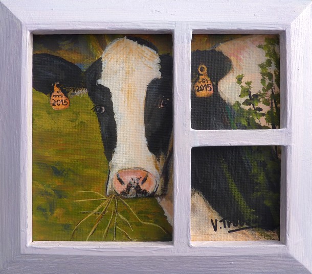 Peinture Acrylique - Portrait de Vache et Fentre - Virginie TRABAUD Artiste Peintre