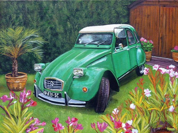 tableau de peinture 2cv verte dans un jardin - acrylique - Virginie TRABAUD
