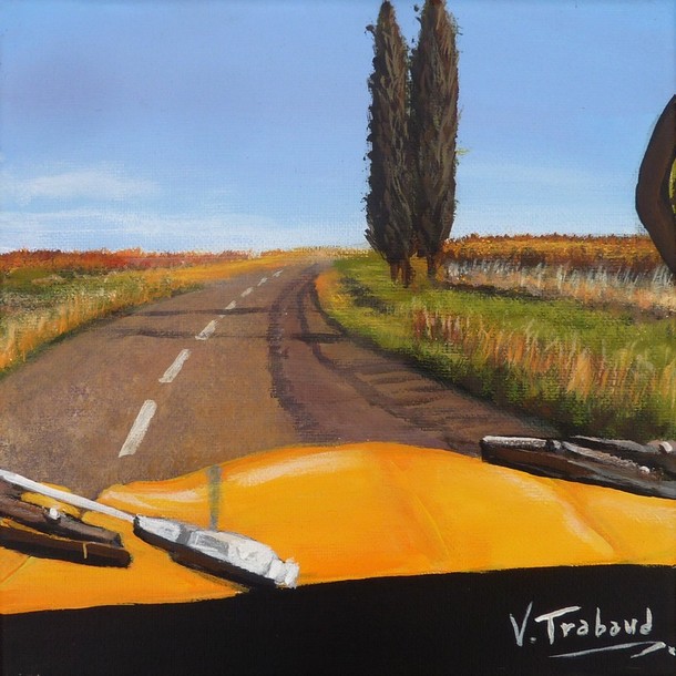 Peinture 2cv jaune sur la route de campagne - acrylique Virginie TRABAUD