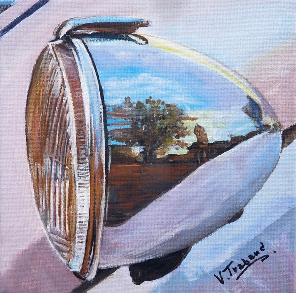 Peinture Phare 2cv Citroën Chromé paysage de campagne - Acrylique - Virginie Trabaud