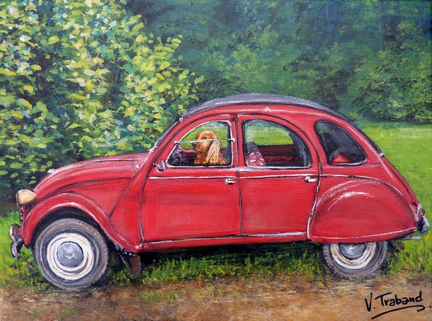 Peinture 2 cv rouge et forêt - chien de boule et bill - acrylique - virginie trabaud artiste peintre