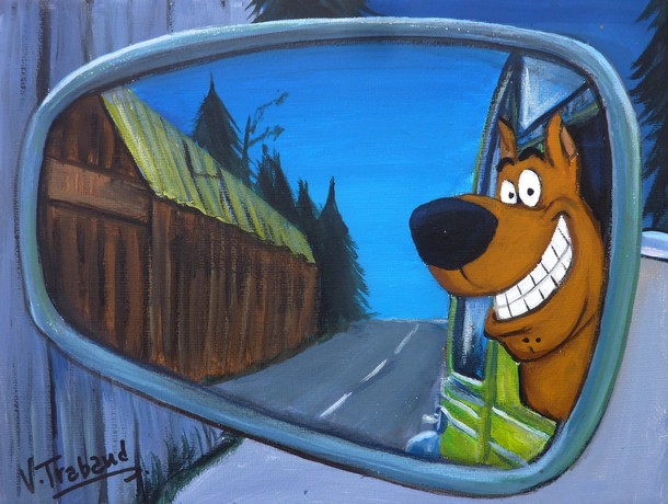 peinture Rétro 2cv Scooby-deuch sur la route - acrylique - virginie trabaud artiste peintre