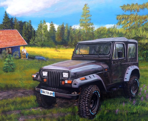 Peinture Jeep Noire et chalet des vosges - Acrylique - Virginie TRABAUD Copyright